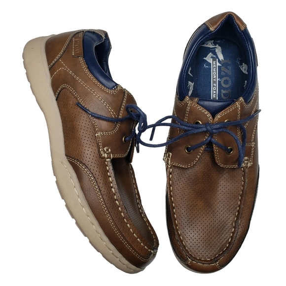 IZODFelix Brown Vegan Leather Preppy Nautical Boat Shoes...